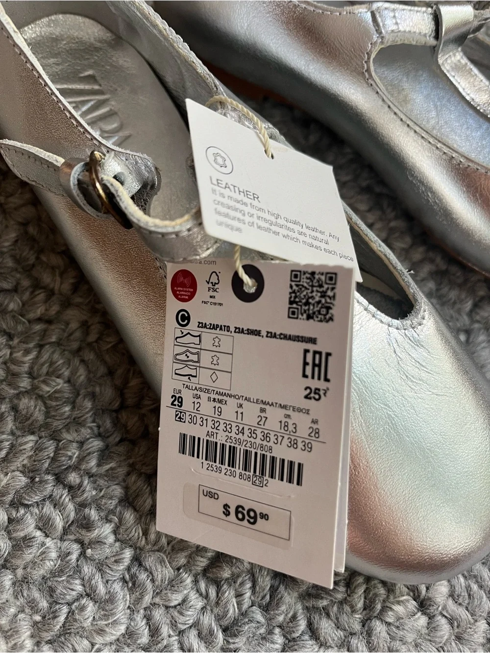 Zara Leather Silver Girls' T‑Bar Mary Jane Shoes NEW